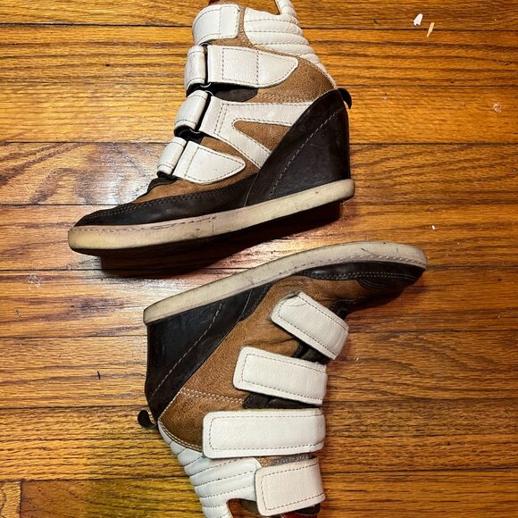 A.S. 98 Brown Leather Wedge High Heel High Top Sneakers with Velcro Straps - Picture 3 of 7